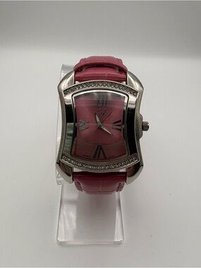 Burgi Pink Crystal Accent Rectangle Watch Crocodile Band BTV011 Works!